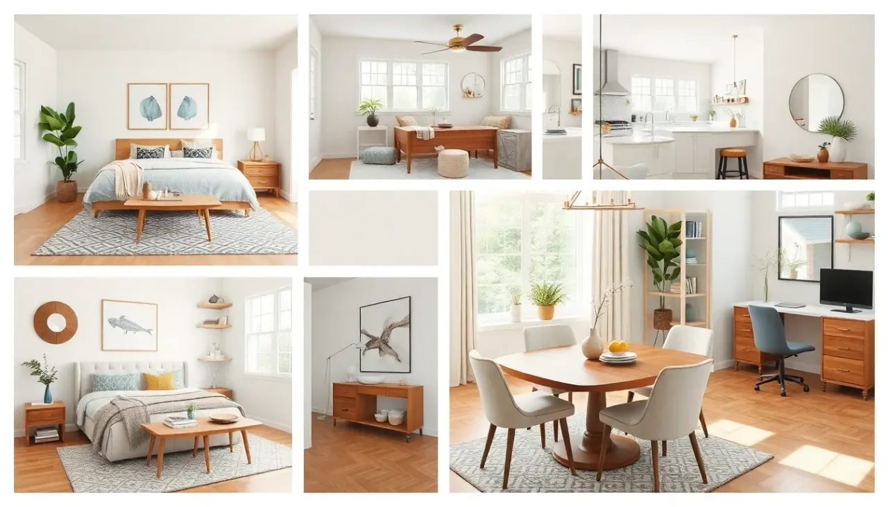 Collage of living room, bedroom, kitchen, bathroom, and office ideas in DecorAI